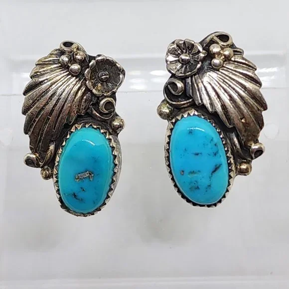 Vintage Sterling Silver Turquoise James Mason Handmade Navajo Pierced Earrings - Picture 8 of 9